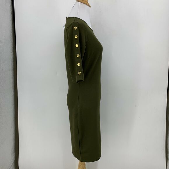 Haute Monde Snap Button Dress Womens M Medium Avocado Mid Sleeve Bodycon Stretch - Picture 4 of 11